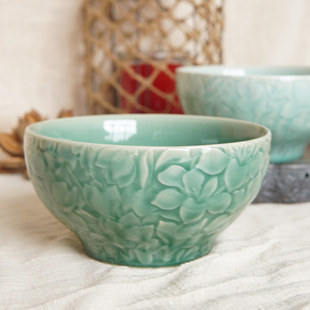云间青瓷龙泉窑粉青釉泡面碗万花繁花碗高温瓷刻花小汤碗