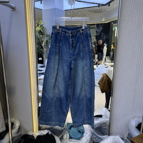欧洲站秋新高腰宽松阔腿牛仔裤女