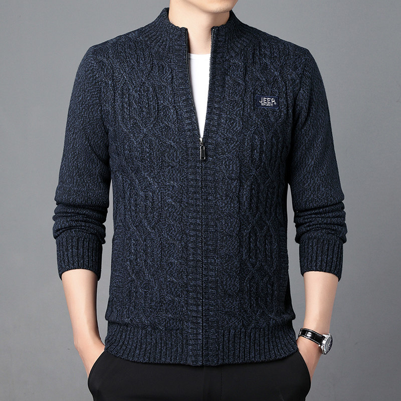 JEEP2023加厚秋冬季新款全羊毛男士提花简约保暖新款拉链羊毛开衫
