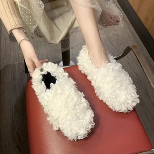 羊羔毛毛鞋女冬外穿新款加绒保暖豆豆鞋一脚蹬懒人鞋平底防滑棉鞋