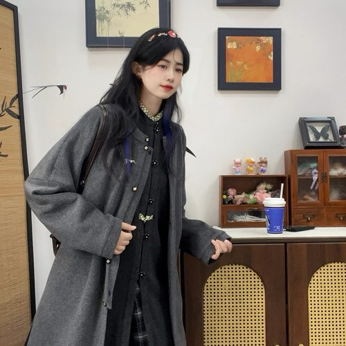 烟灰色大衣改良针织黑色立领长衫