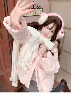 粉色毛领羽绒棉服女冬新款韩版宽松加厚甜美短款小个子棉衣面包服