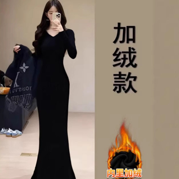 黑色针织步步生莲鱼尾连衣裙女秋冬季加绒加厚大衣内搭包臀长裙子
