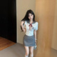 衬衫 纯欲辣妹洋气收腰短袖 高腰包臀裙两件套女 jk制服套装 小个子