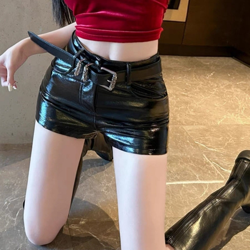 美式辣妹黑色PU皮休闲裤子女春夏亮面高腰显瘦皮短裤紧身包臀热裤