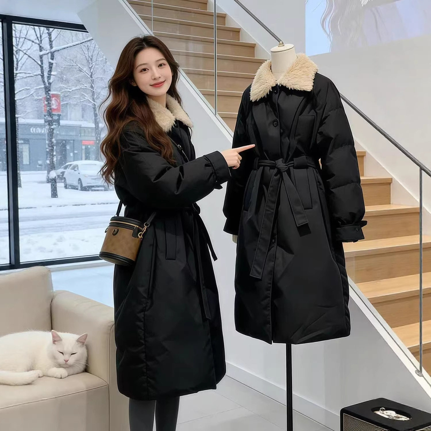 新款羊羔毛领收腰羽绒服女长款2026冬季新收腰显瘦风衣式派克服
