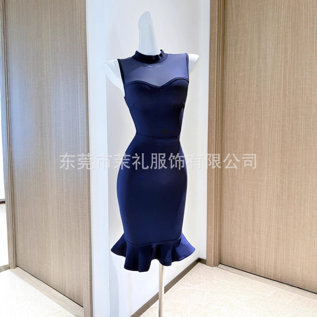 欧美高端时尚紧身鱼尾连衣裙气质优雅荷叶边OL绷带裙