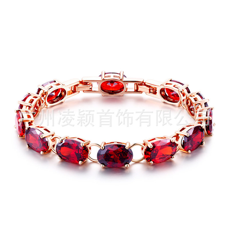 玫瑰金色手链女石榴红宝石华丽锆石手镯拼色椭圆鹅蛋石设计