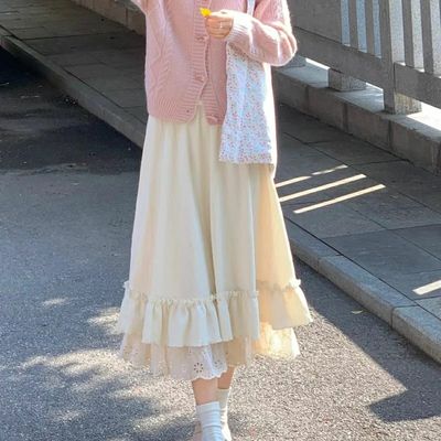 温柔杏色蛋糕裙女2025秋冬款新a字裙蕾丝花边半身裙小个子中长款