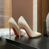 不磨脚..2025新款 秋冬细跟10cm性感尖头高跟鞋 红底绒面真皮欧洲站