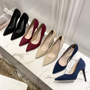 黑色高跟鞋女细跟尖头2025秋冬新款性感百搭绒面8cm细跟法式单鞋