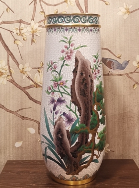 精工景泰蓝花瓶铜胎掐丝珐琅二线瓶15英寸白色摆件