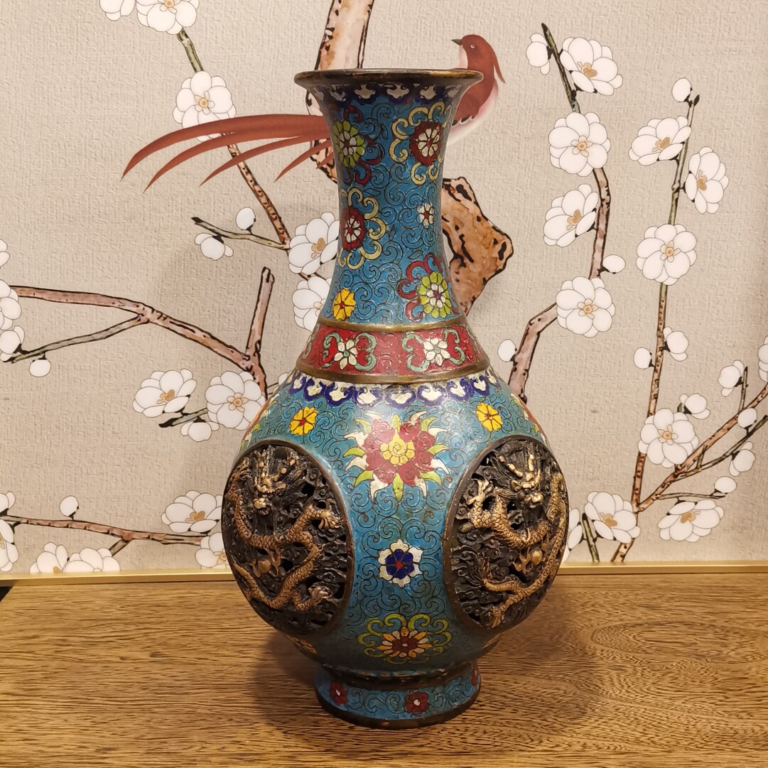 仿古景泰蓝花瓶重胎掐丝珐琅镂空正龙纹玉壶春摆件紫铜胎