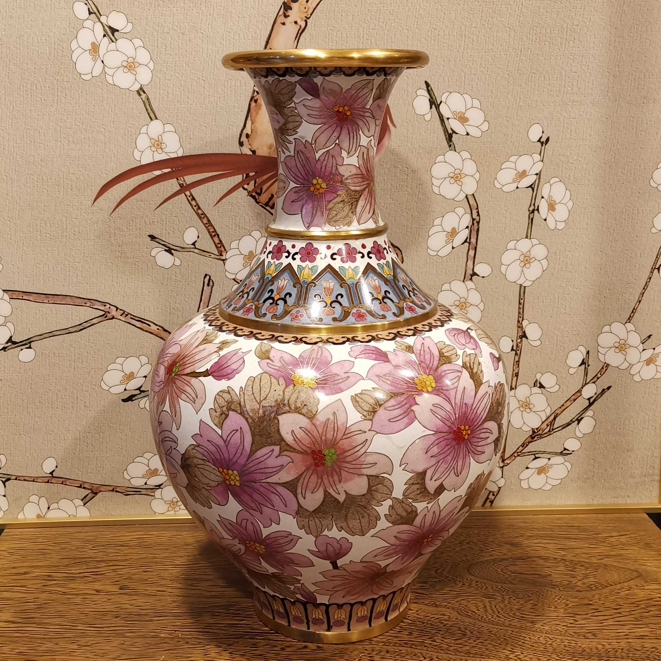 老货景泰蓝花瓶15英寸掐丝珐琅白色大花瓶高39cm