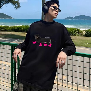 WHISPER小众潮美式 小狗纯棉长袖 T恤男女款 秋冬 高街宽松圆领打底衫