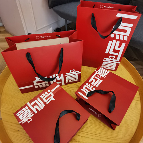 简约酒红色加厚白卡纸礼品袋文字礼物袋创意手提纸袋少女心购物袋