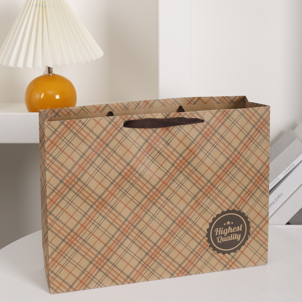 ins风斜格中性简约手提牛皮纸袋衣服零食生日礼物袋子复古礼品袋