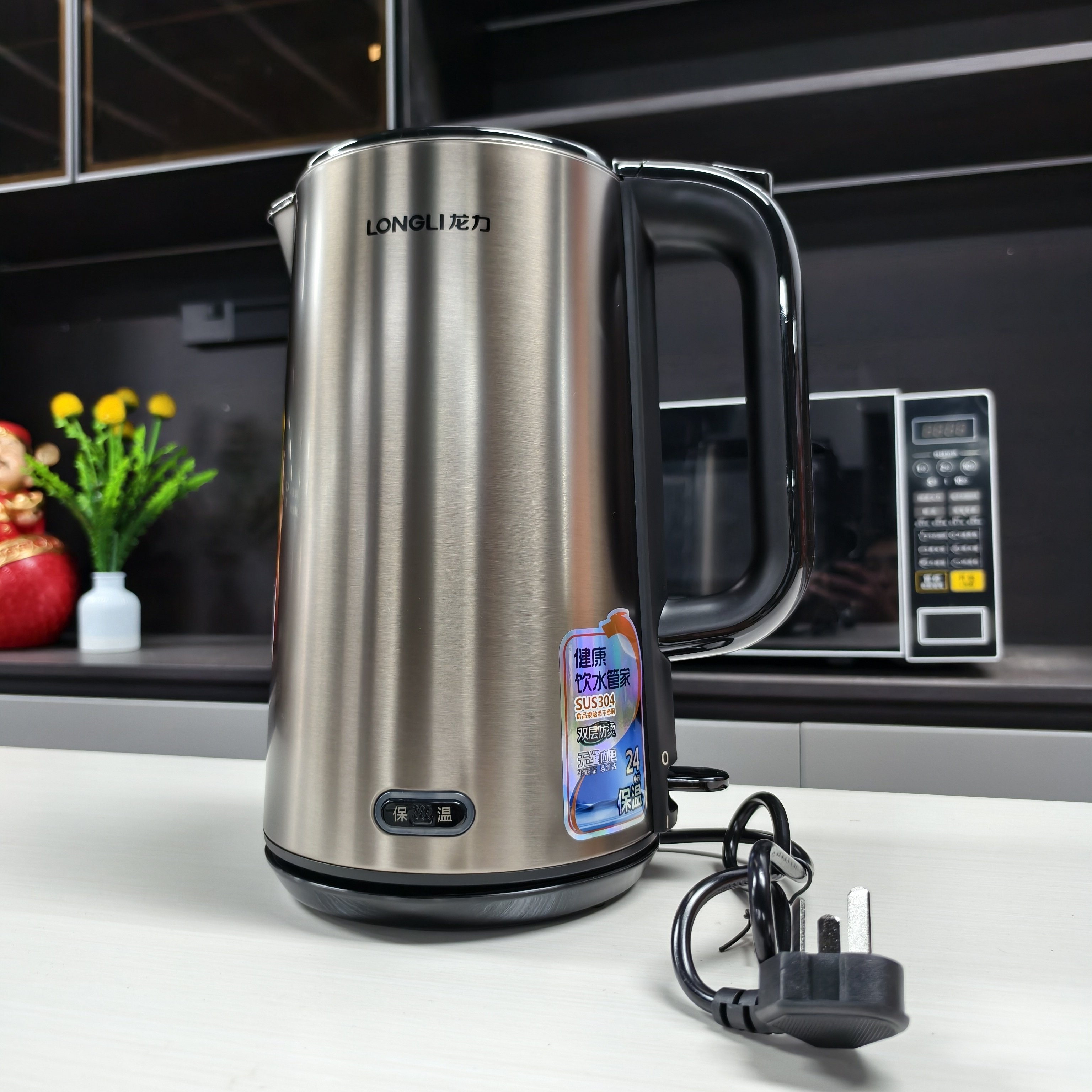 龙力电热水壶2.2L家用不锈钢电热保温一体烧水壶自动断电开水壶