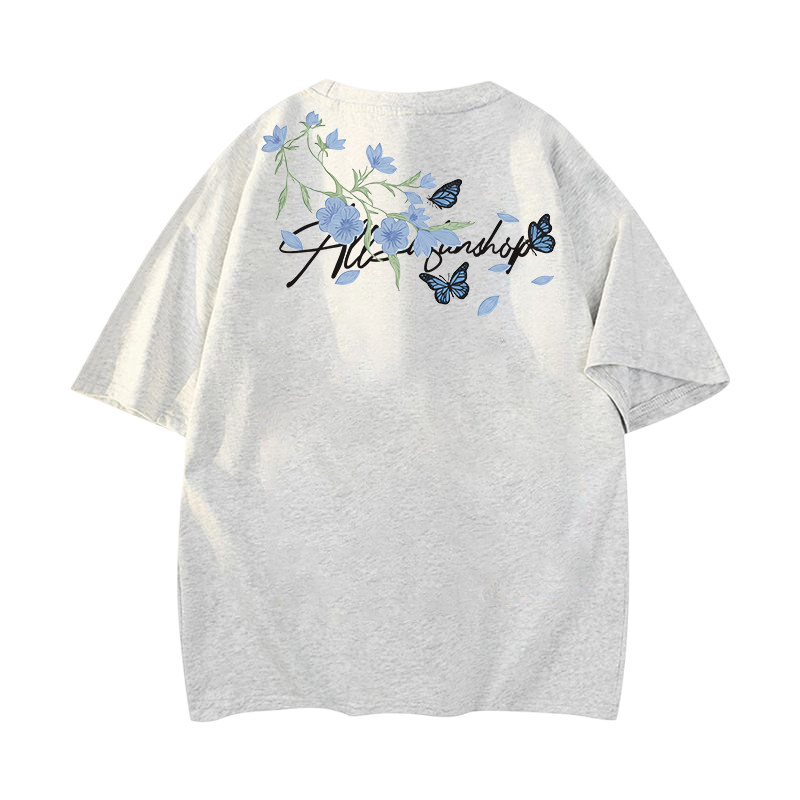 美式复古植物花卉蝴蝶仿刺绣花体字母印花纯棉短袖T恤