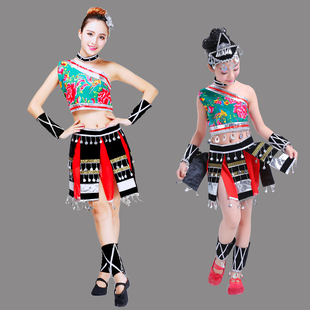 儿童成人佤族壮族走在山水间舞蹈演出服彝族云南少数民族服装女