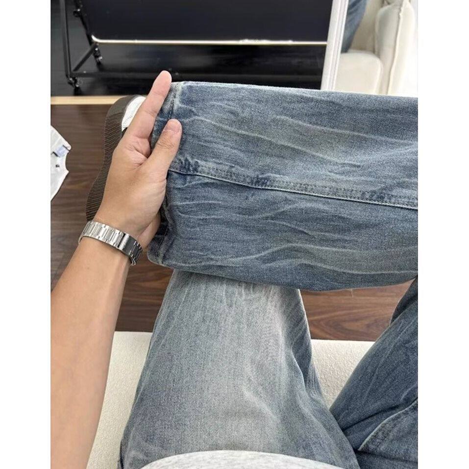 美式高街复古闪电纹水洗牛仔裤男款夏季vibe做旧显瘦直筒微喇长裤