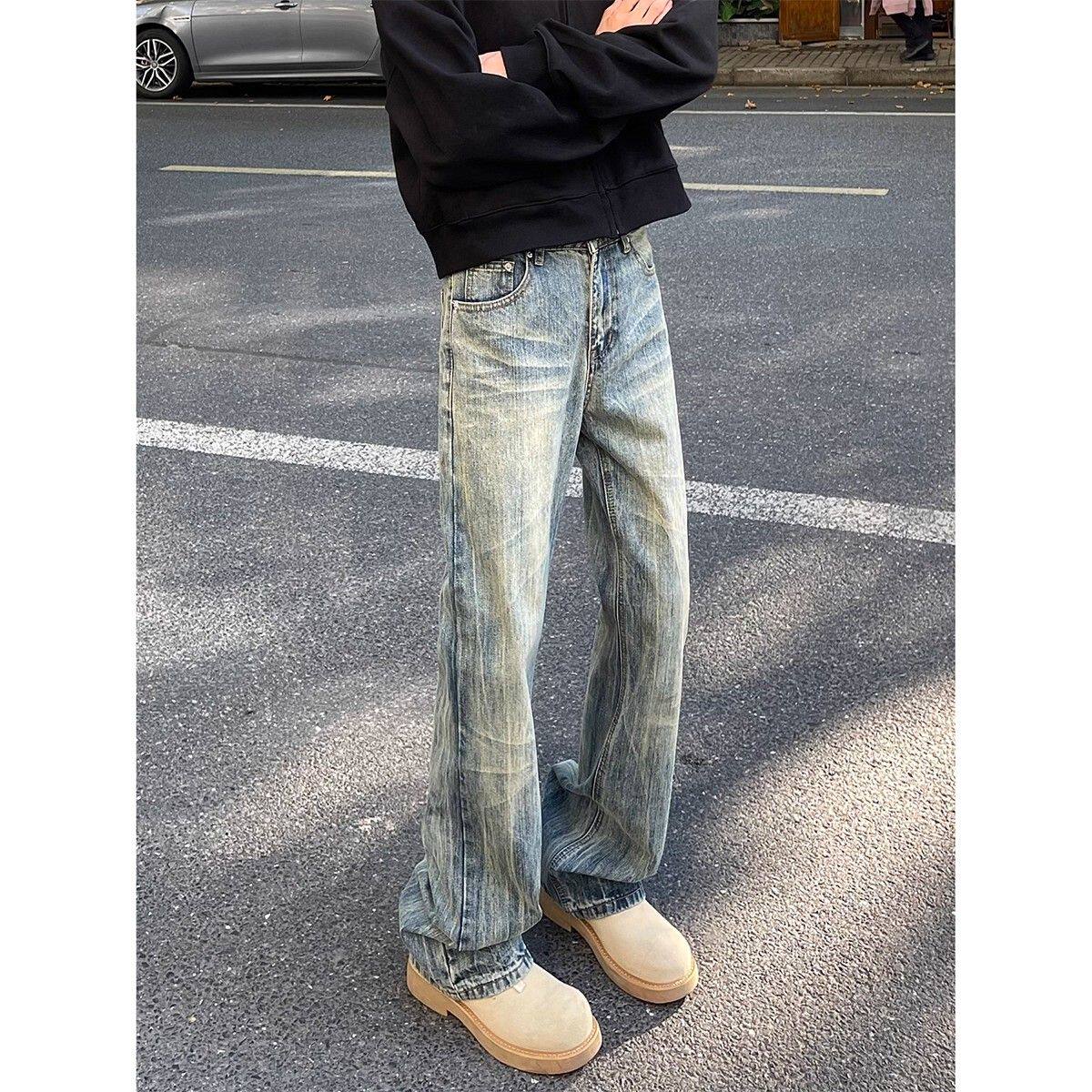 美式闪电纹牛仔裤男秋季新款潮牌直筒微喇vibe高街显瘦痞帅长裤子