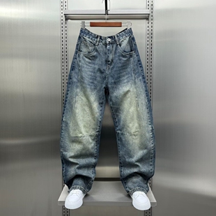 男式 青年男裤 大码 复古水洗做旧宽松长裤 直筒休闲裤 2025春秋牛仔裤