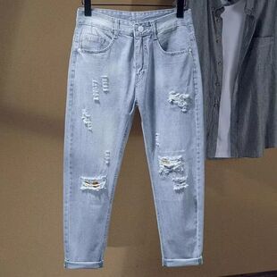 破洞牛仔裤男毛边ins浅色九分裤夏季夏季潮牌猫须水洗乞丐裤子潮