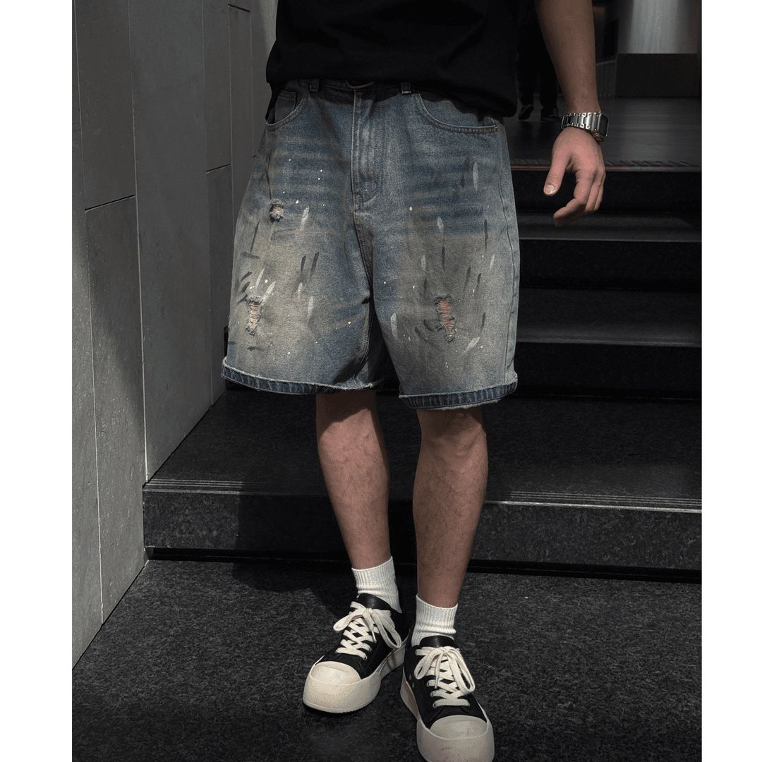 欧洲站时尚泼墨破洞休闲宽松直筒牛仔短裤小众设计感帅气五分裤