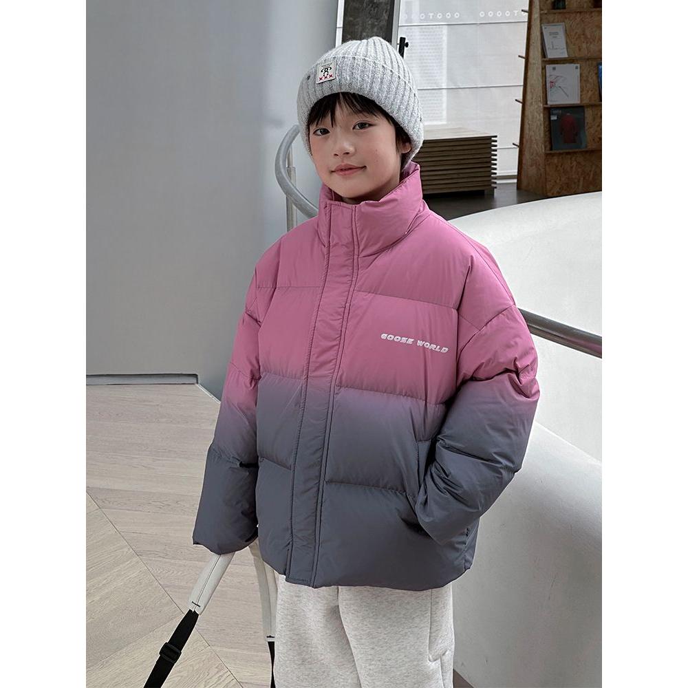 渐变粉色羽绒服男童短款冬装2025新款大童冬季加厚炸街时尚外套