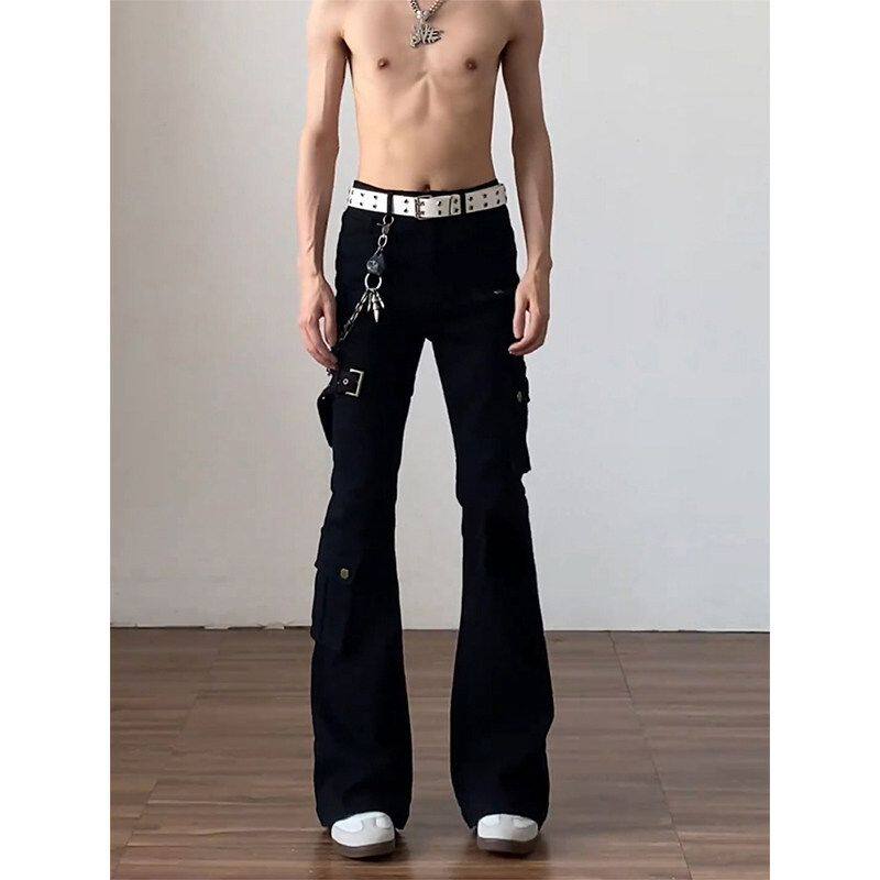 黑色多口袋微喇牛仔裤男宽松直筒水洗长裤高街vibe风