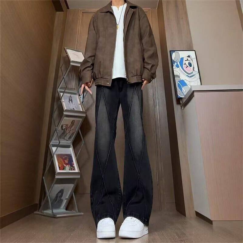 分割拼接牛仔裤男潮流宽松微喇黑色长裤中腰水洗美式高街vibe