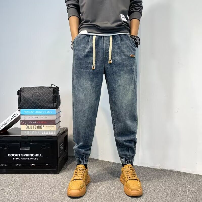 潮牌牛仔裤男款春秋季2025新款痞帅宽松束脚裤哈伦弹力九分休闲裤