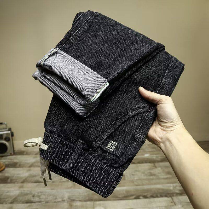 松紧腰牛仔裤男秋冬季厚款弹力柔软抽绳无磁无铁韩版修身直筒长裤