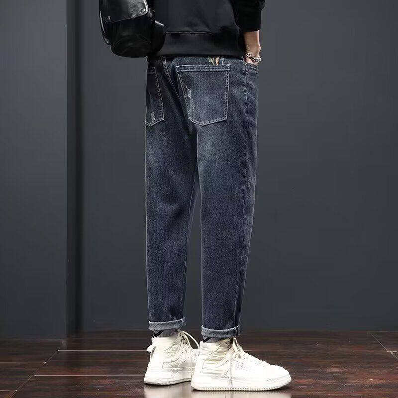秋季九分牛仔裤男潮牌潮流宽松直筒哈伦男士牛仔裤子弹力休闲长裤