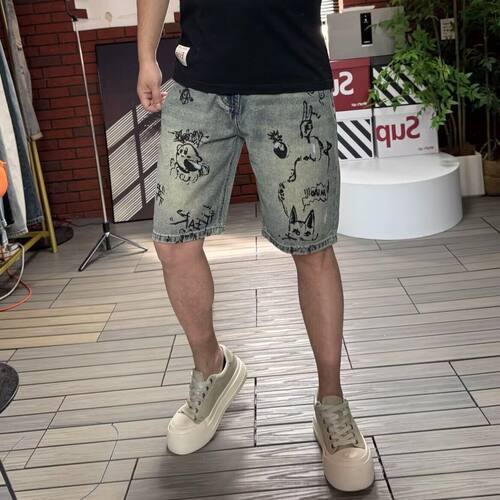 街头hiphop水洗破洞印花复古重磅提花拼接美式高弹小脚牛仔长裤