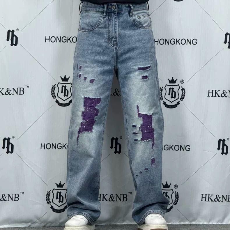 蓝色重工水洗牛仔裤女夏季新款复古小众粉色破洞毛边刺绣直筒裤子