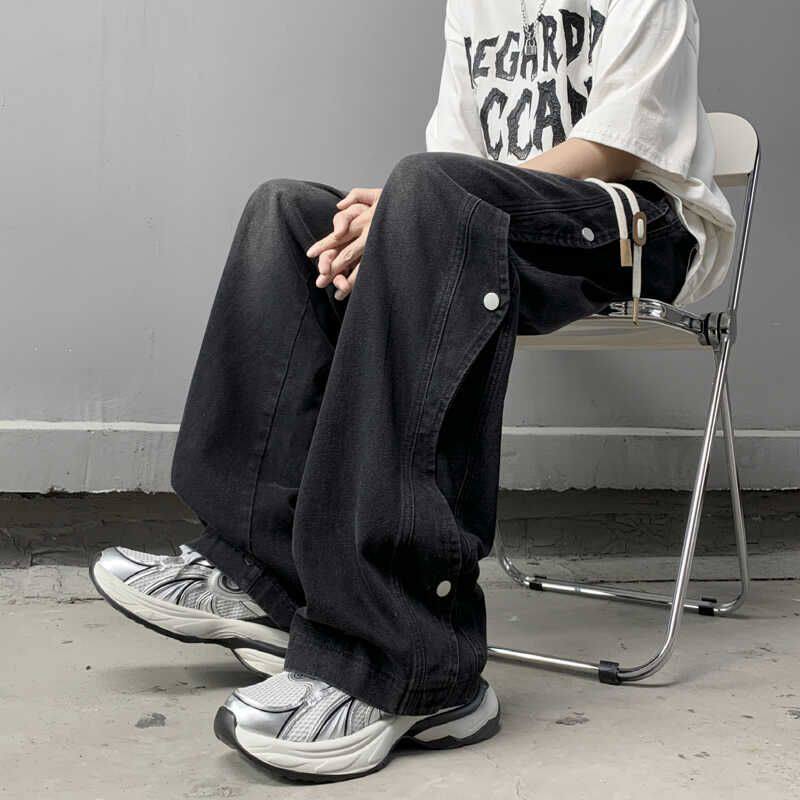 美式水洗阔腿牛仔裤男宽松直筒工装裤黑色垂感高街潮牌