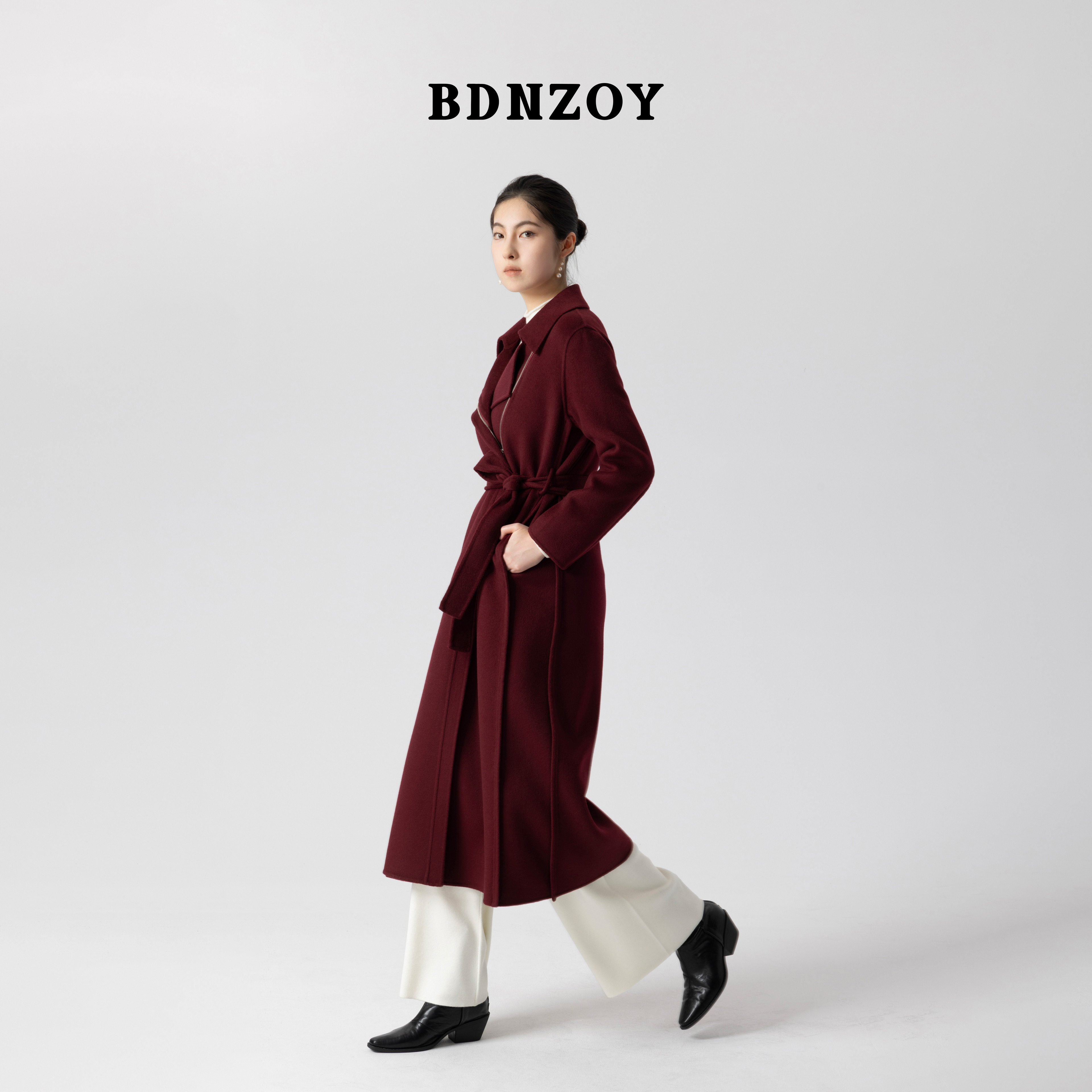BDNZOY秋冬高端双面呢羊绒大衣纯手工缝制拉链设计修身毛呢外套女