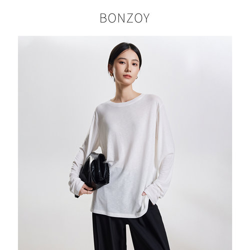 BONZOY亚麻莱赛尔长袖T恤女