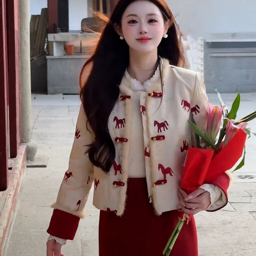 新中式小红马毛毛边短外套女冬