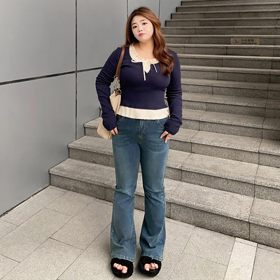 大码微喇叭弹力高腰牛仔裤包邮