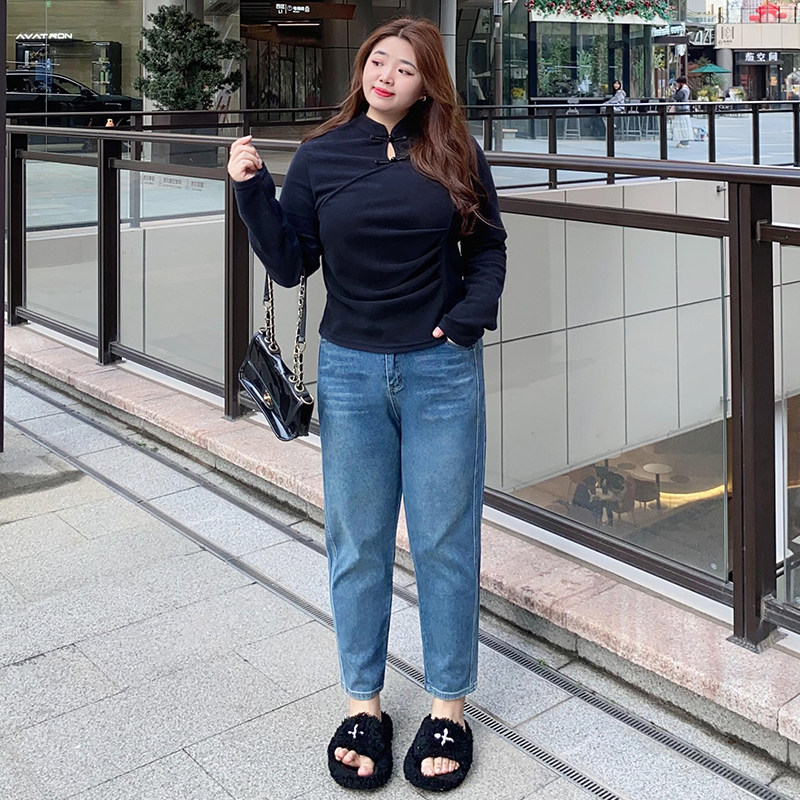 大码春款弹力牛仔裤洋气九分老爹裤女胖mm梨形身材显瘦裤子哈伦裤