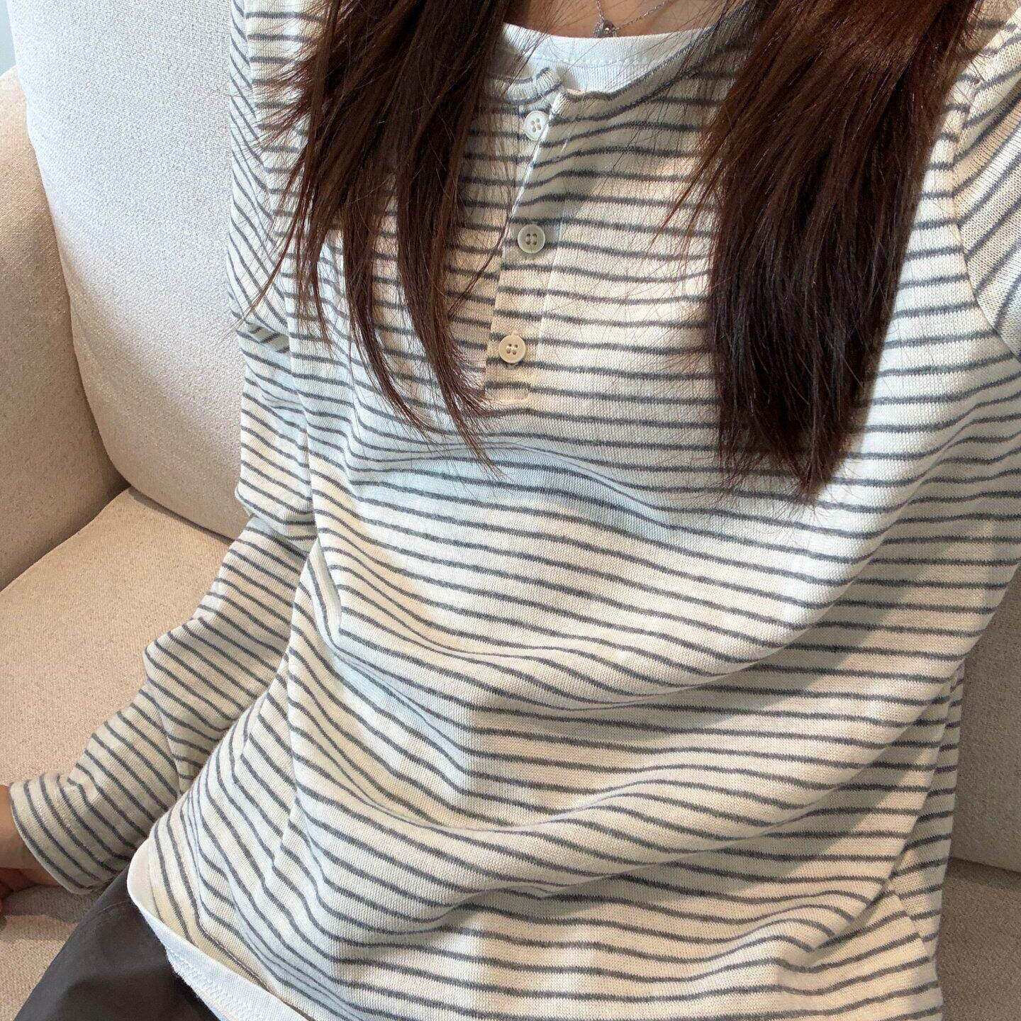 韩系亨利领假两件条纹长袖T恤女早秋薄款罩衫宽松慵懒小众夏上衣