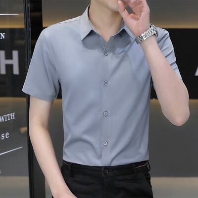 冰丝短袖衬衫男夏季薄款纯色免烫抗皱衬衣商务休闲高级感冰凉寸衫