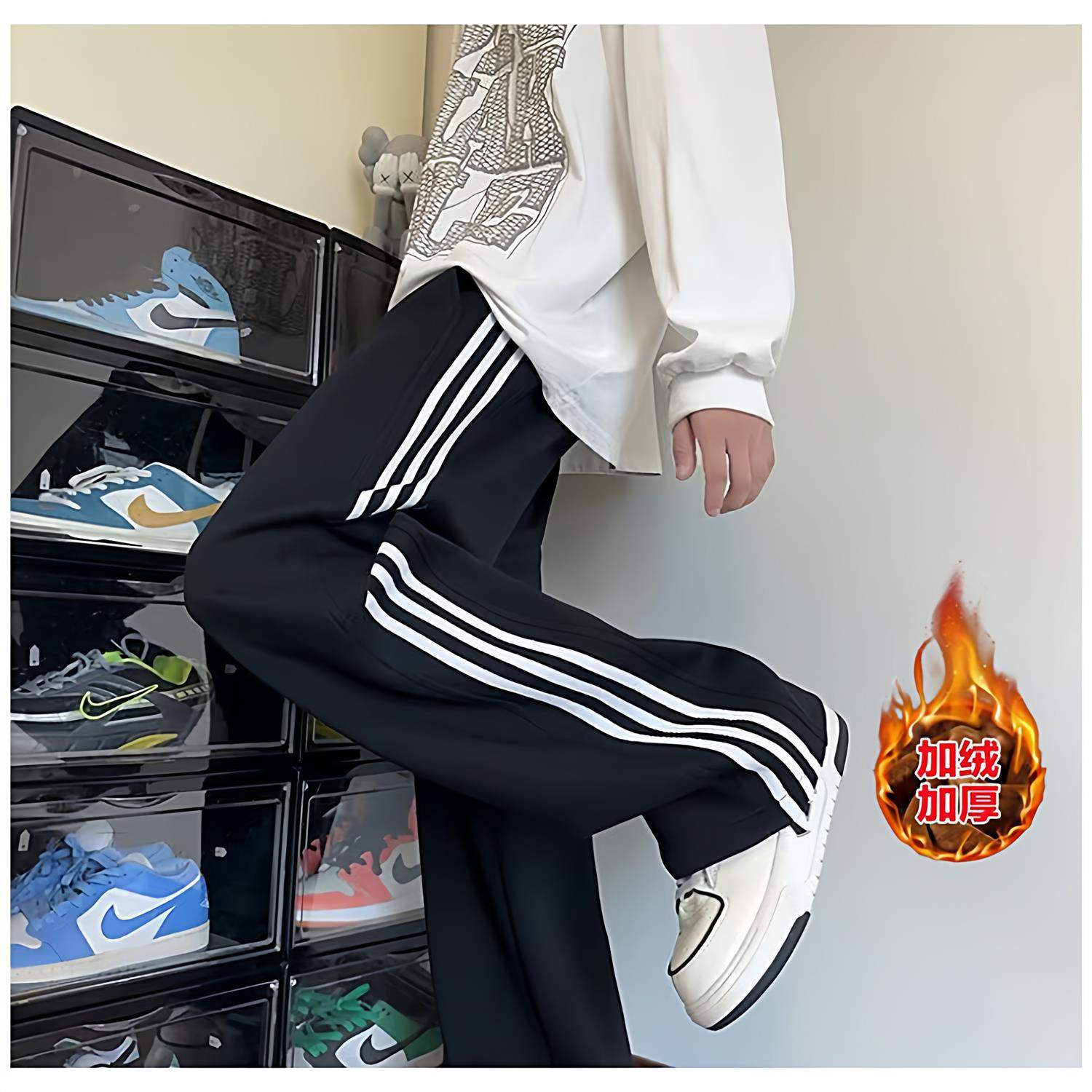美式重磅三条杠运动卫裤男款秋冬季加绒阔腿裤子宽松直筒运动裤