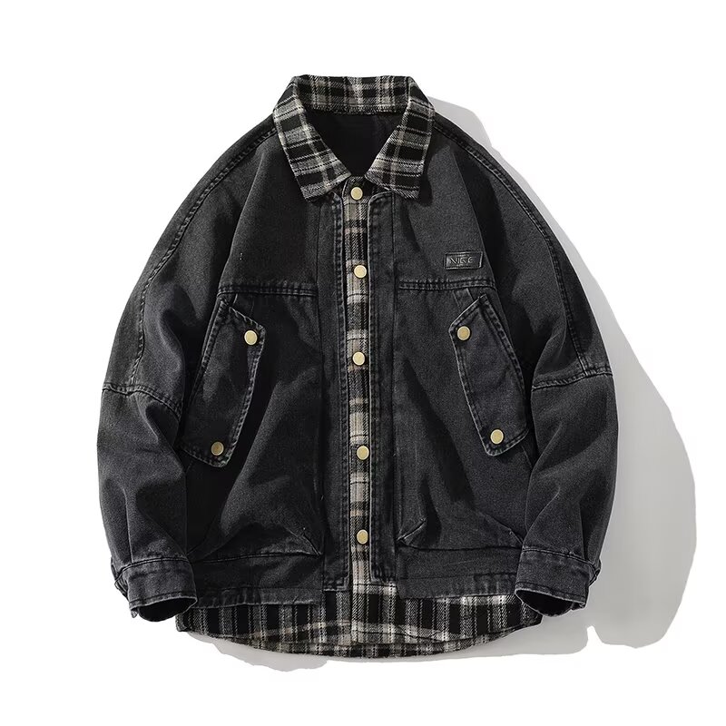 翻领假两件格子拼接牛仔夹克男款春秋季潮牌宽松高街痞帅上衣外套
