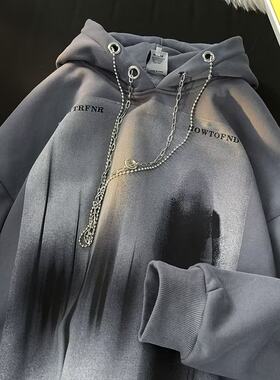 欧美hiphop宽松连帽卫衣男女秋冬加绒加厚链条设计感炸街bf上衣潮