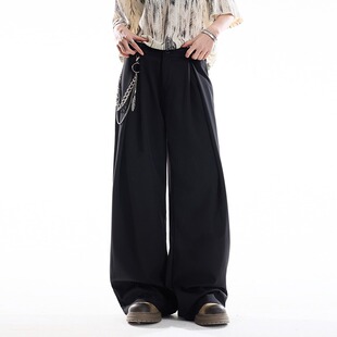 宽松休闲裤 潮cleanfit垂感阔腿裤 男女秋季 高级感灰色打褶弯刀西裤