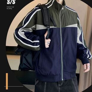 潮流时尚潮棒球服美式复古立领冲锋衣外套男秋款条纹运动情侣夹克